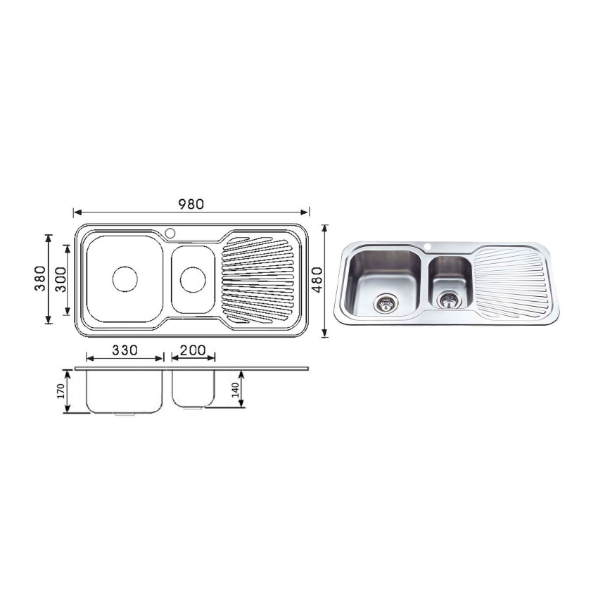 Cora 1 & 1/4 Bowl & Single Drainer 980 x 480 x 170mm