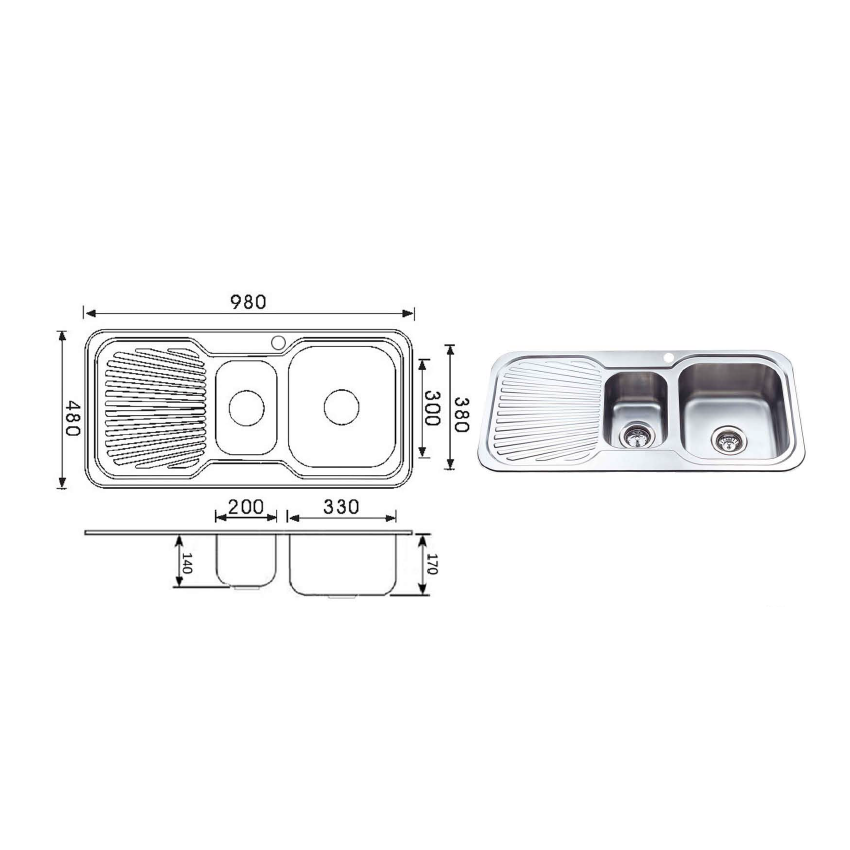 Cora 1 & 1/4 Bowl & Single Drainer 980 x 480 x 170mm