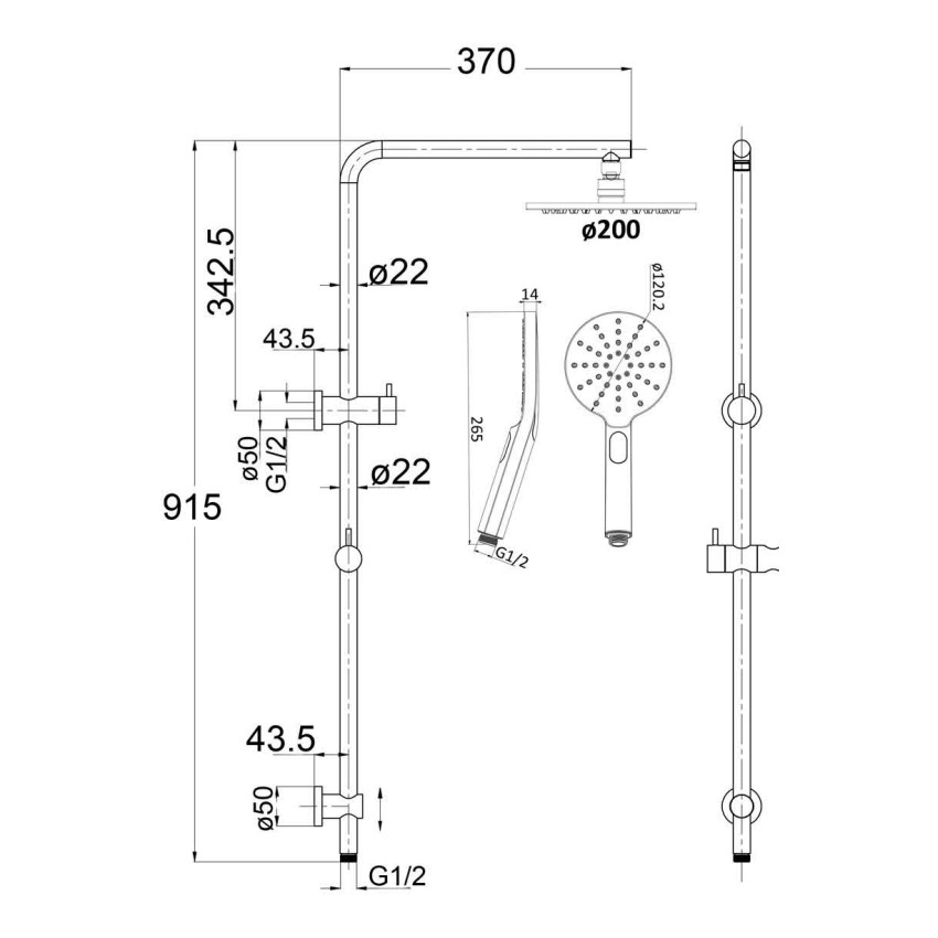 Cora Round Multi-function Shower Set Gun Metal, 200mm Plastic Shower Head