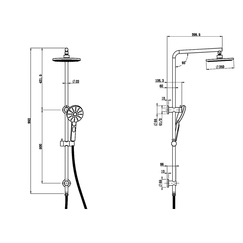 New Cora Round Multi-function Shower Set Matt Black, 250mm Plastic Shower Head