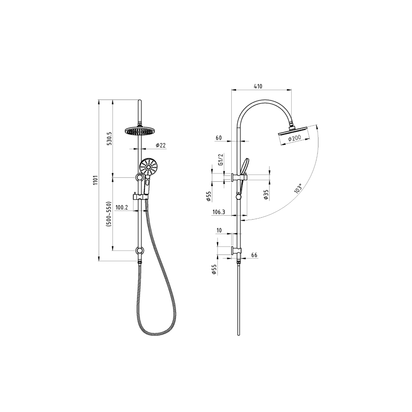 New Cora Round Gooseneck Brass Multi-function Shower Set Chrome,200mm Plastic Shower Head