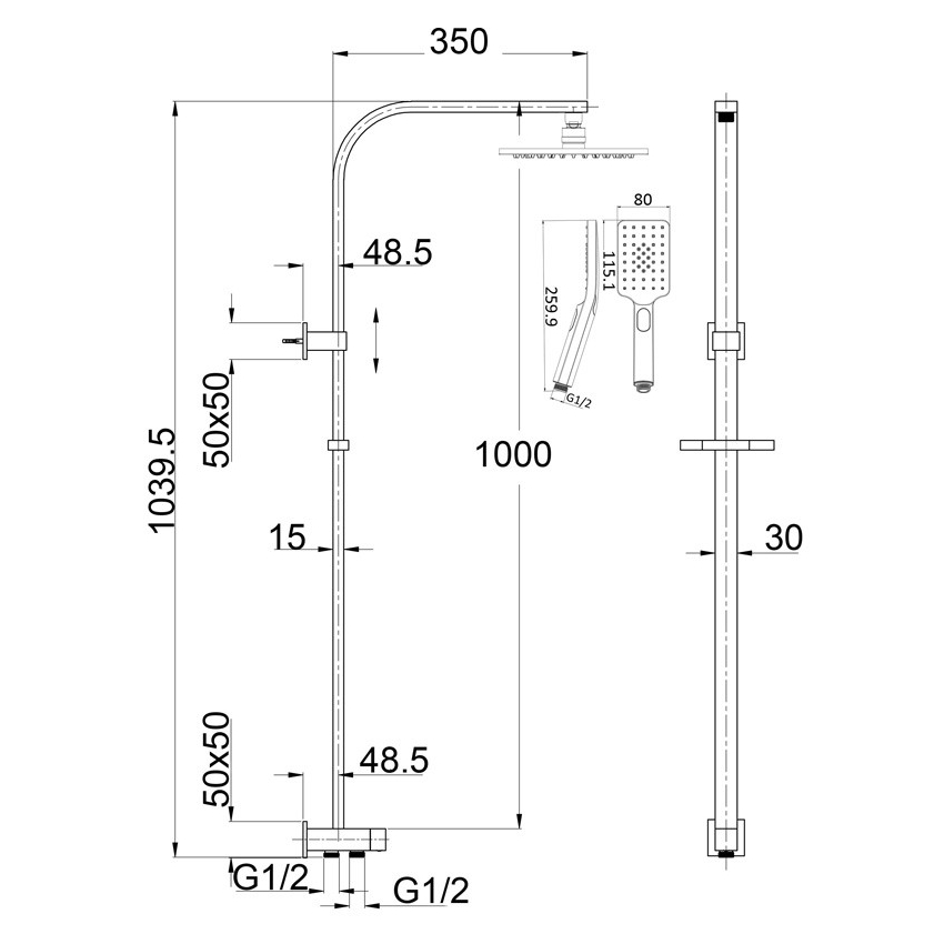Eden Square Multi-function Shower Set Two Hoses Matt Black, 200mm Plastic Shower Head