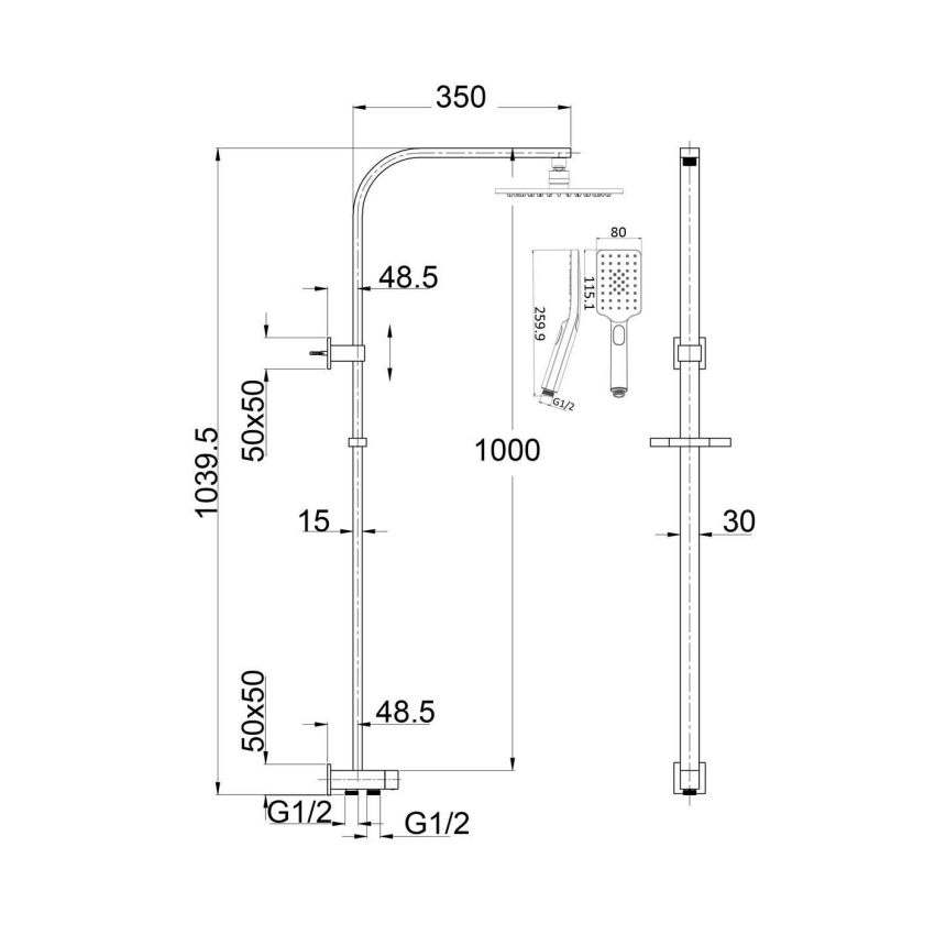 Eden Square Multi-function Shower Set Two Hoses Chrome, 200mm Plastic Shower Head