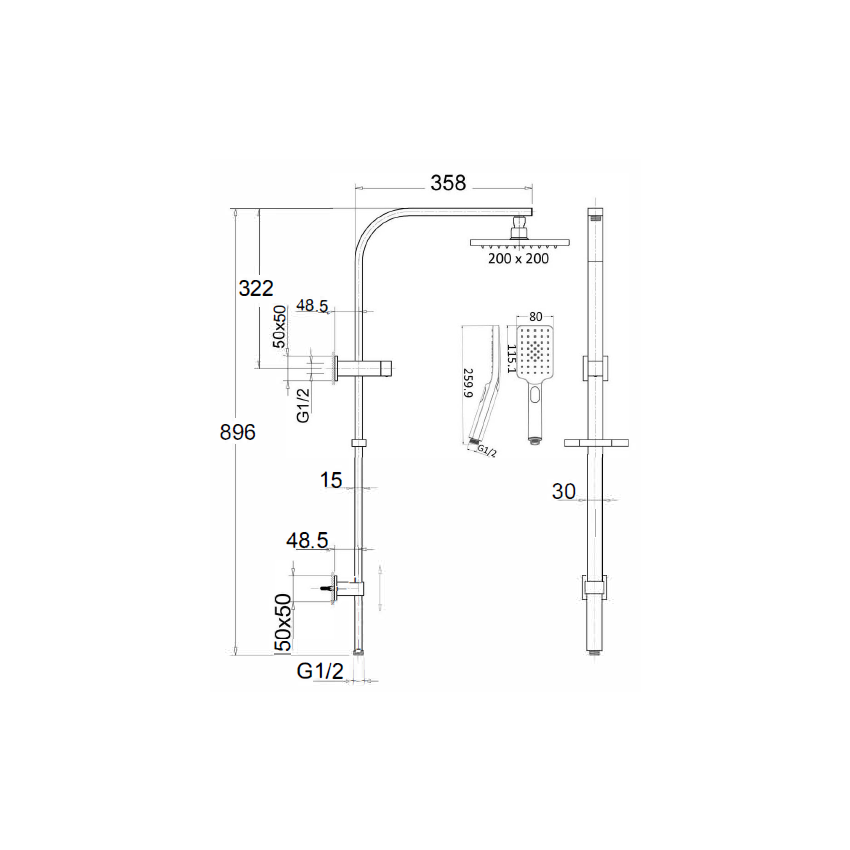 Eden Square Multi-function Shower Set Brushed Gold, 200mm Plastic Shower Head