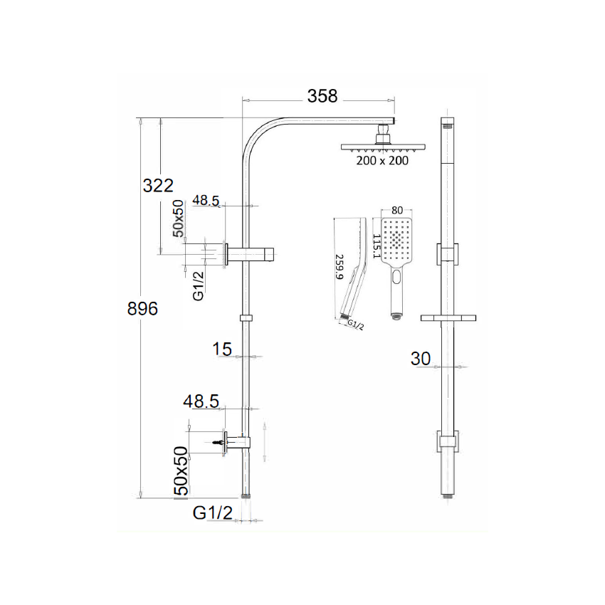 Eden Square Multi-function Shower Set Gun Metal, 200mm Plastic Shower Head