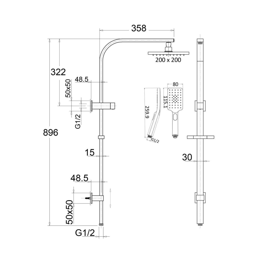 Eden Square Multi-function Shower Set Chrome, 200mm Plastic Shower Head