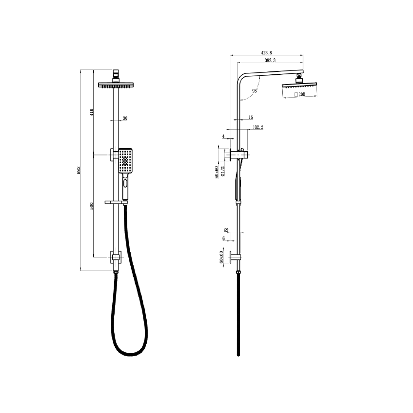 New Eden Square Multi-function Shower Set Matt Black, 200mm Plastic Shower Head