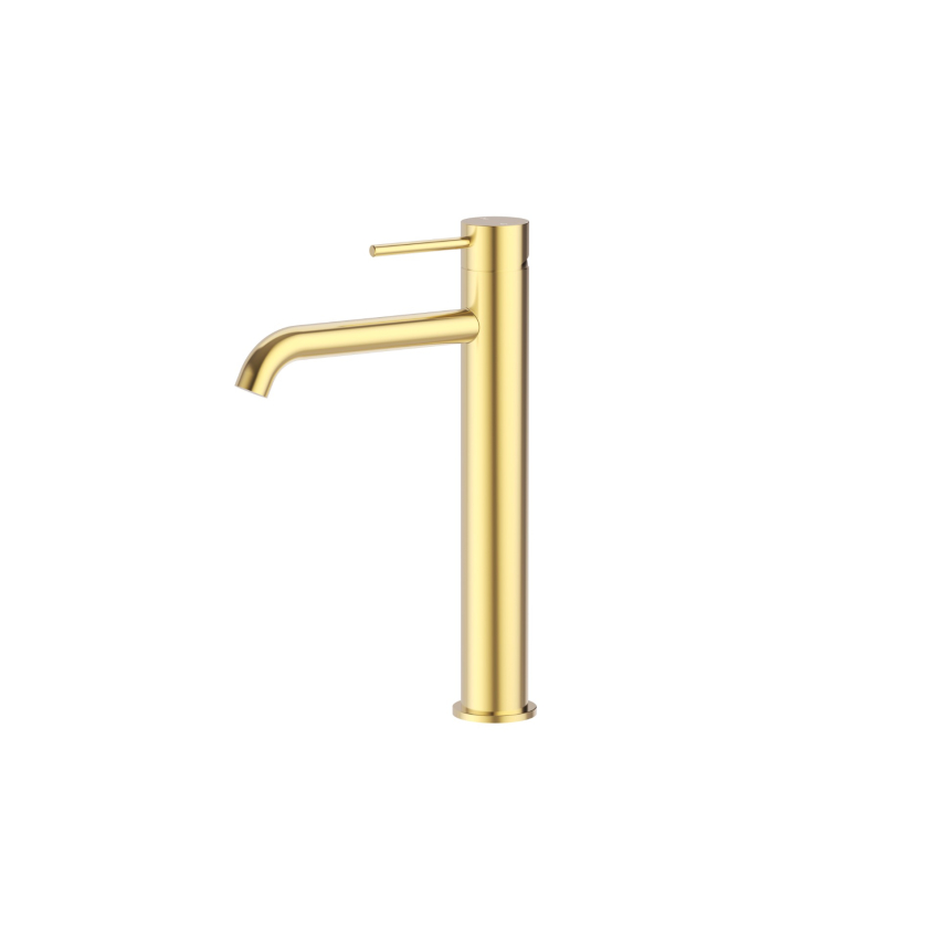 Otus Slimline SS Highrise Basin Mixer Curved Spout in Brushed Gold