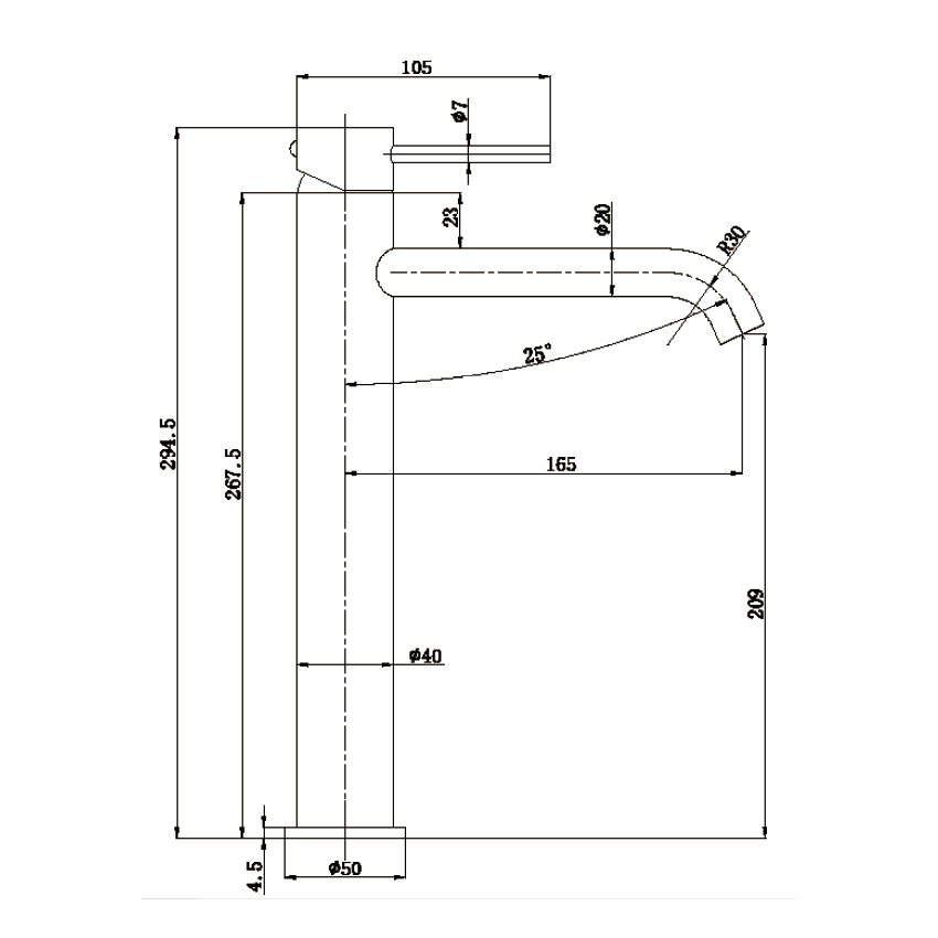Otus Slimline SS Highrise Basin Mixer Curved Spout in Brushed Gold
