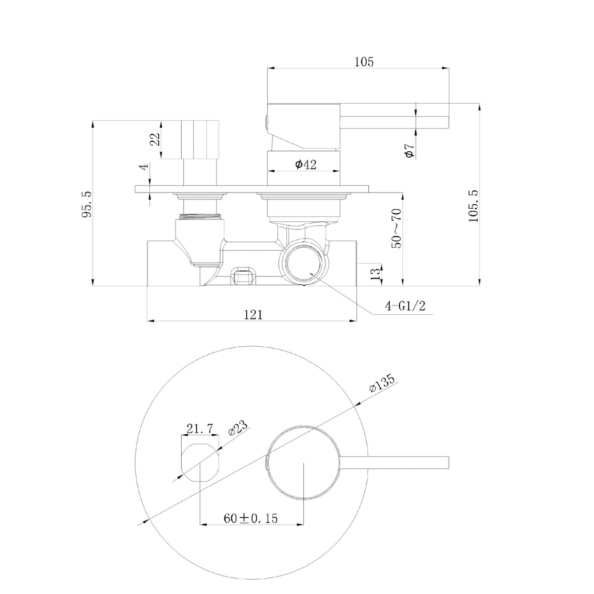 Otus Slimline SS Wall Diverter Mixer Rough-in Body Material: Brass