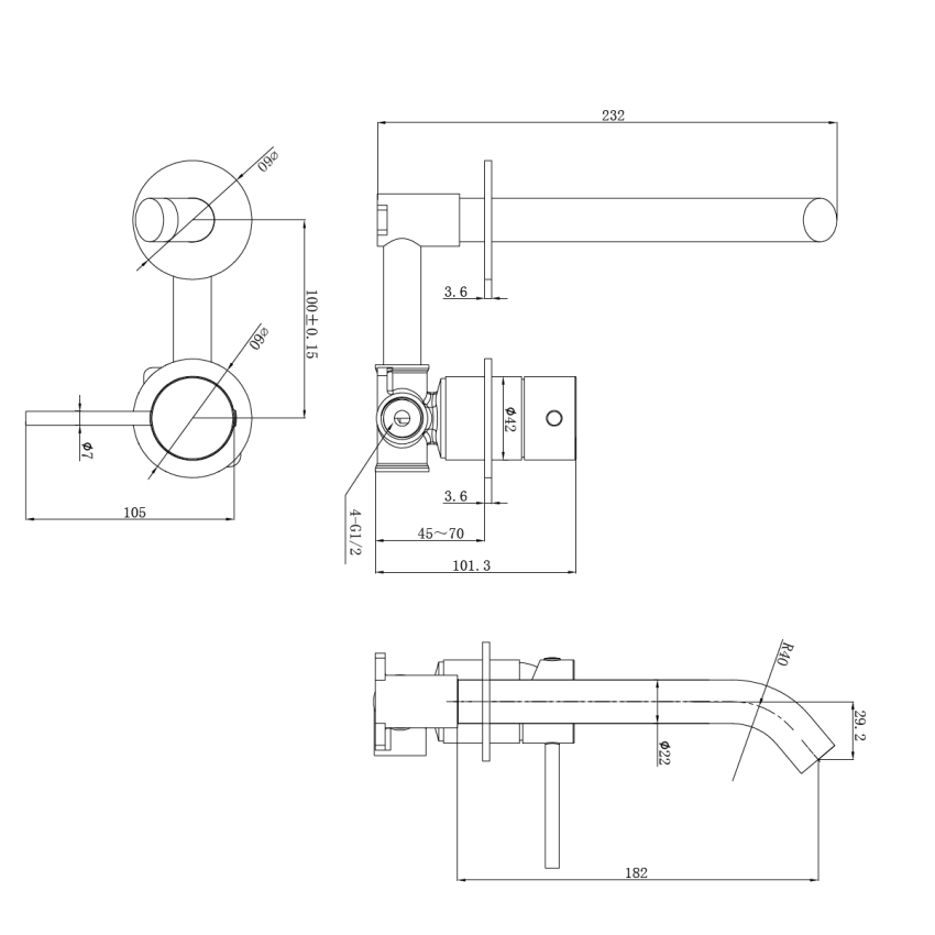 Otus Slimline SS Wall Basin Mixer Separate Back Plate Trim Kits in Gun Metal 