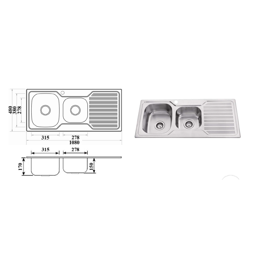 Eden 1 & 3/4 Bowl & Single Drainer 1080 x 480 x 170mm