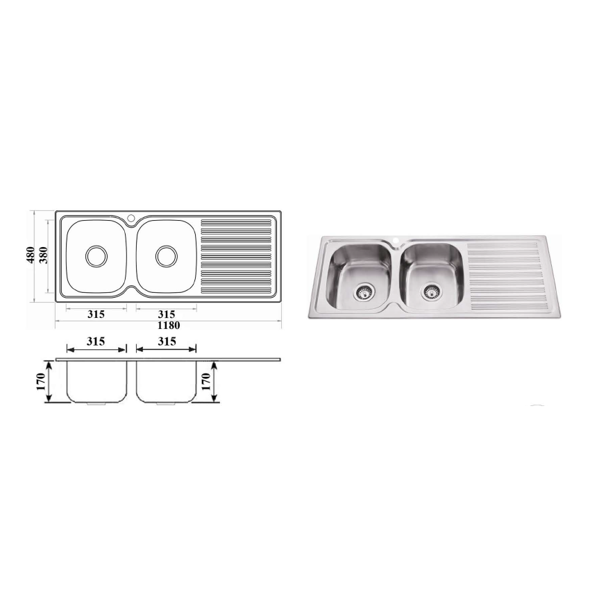 Eden Double Bowl & Single Drainer 1180 x 480 x 170mm