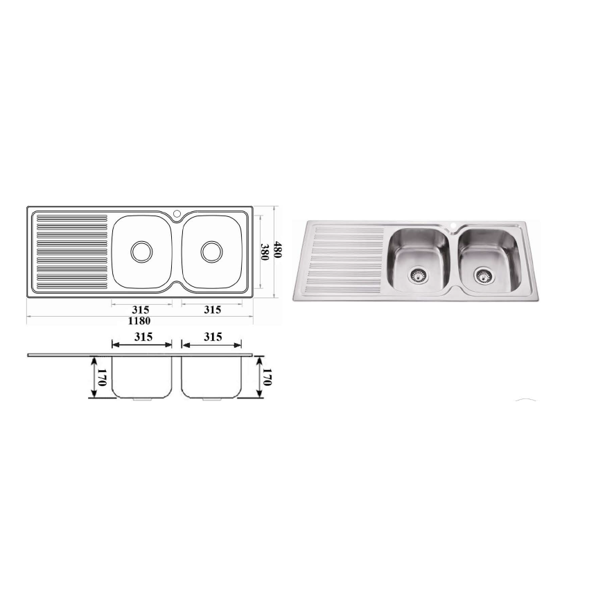 Eden Double Bowl & Single Drainer 1180 x 480 x 170mm