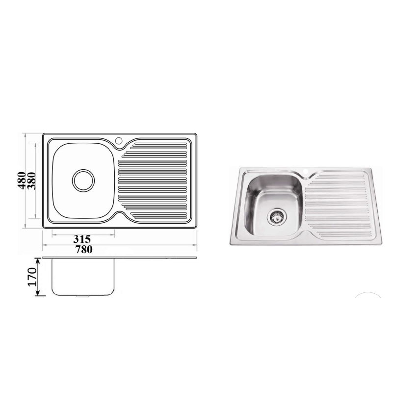 Eden Single Bowl & Single Drainer 780 x 480 x 170mm