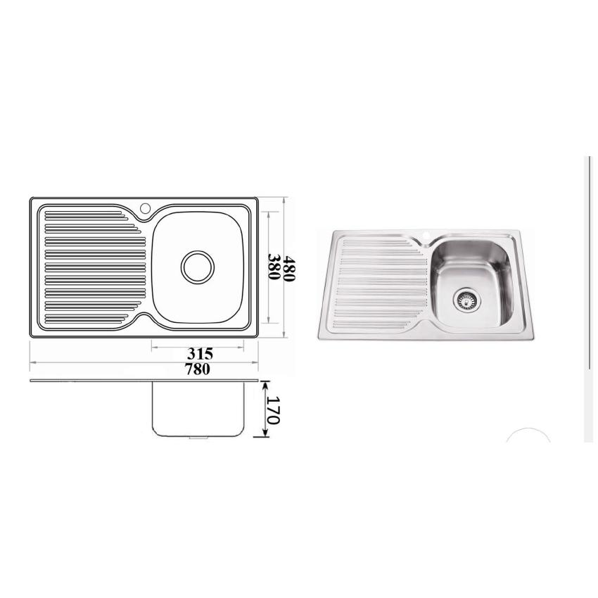 Eden Single Bowl & Single Drainer 780 x 480 x 170mm