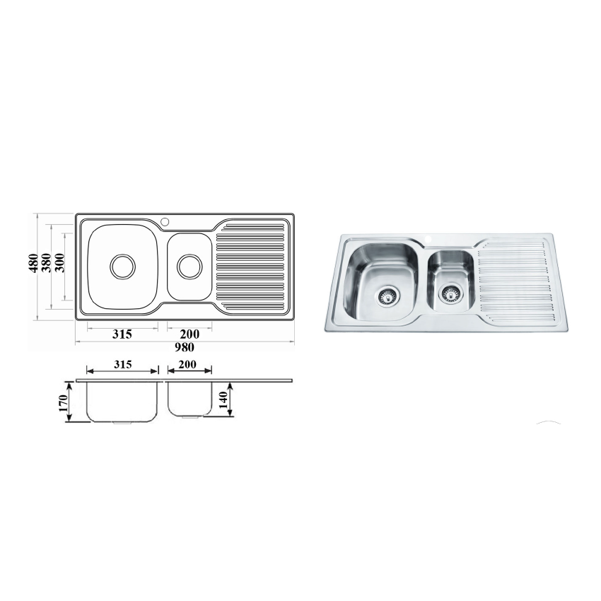 Eden 1 & 1/4 Bowl & Single Drainer 980 x 480 x 170mm