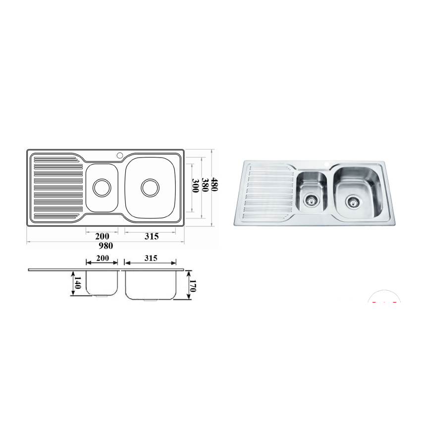 Eden 1 & 1/4 Bowl & Single Drainer 980 x 480 x 170mm