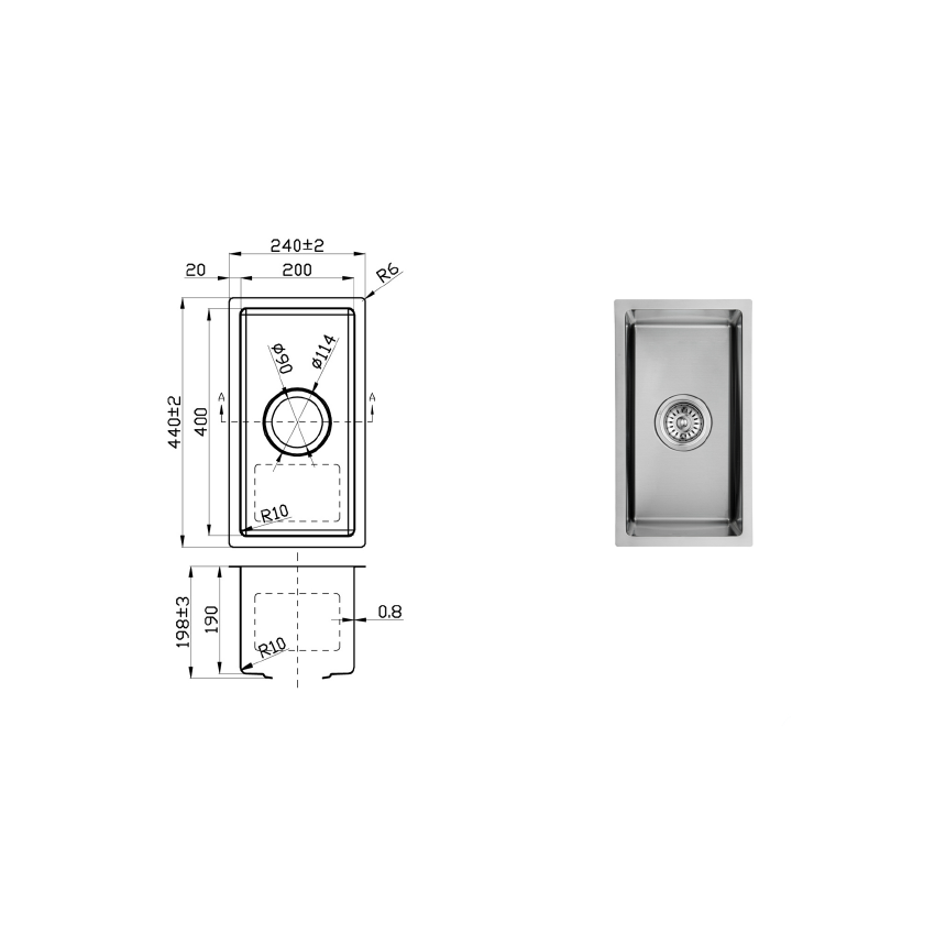 New Cora Above / Undermount Sink 240 x 440 x 200mm