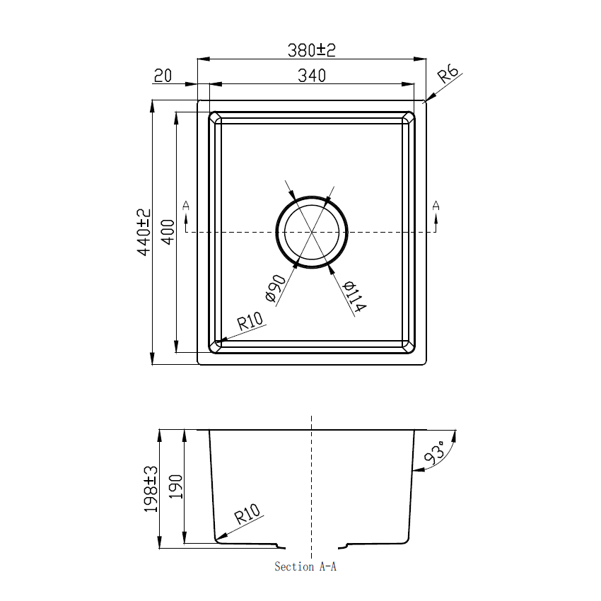 New Cora Single Bowl Above/Undermout Sink 340mm,93 Degree