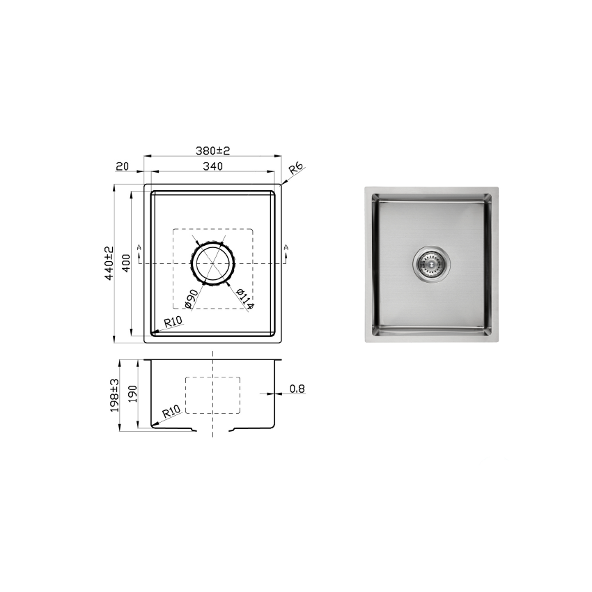 New Cora Above / Undermount Sink 380 x 440 x 200mm