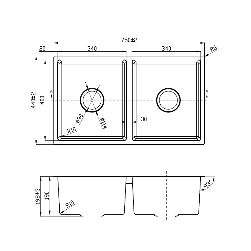 New Cora Double Bowl Above/Undermout Sink 750mm 93 degree 304 Stainless Steel