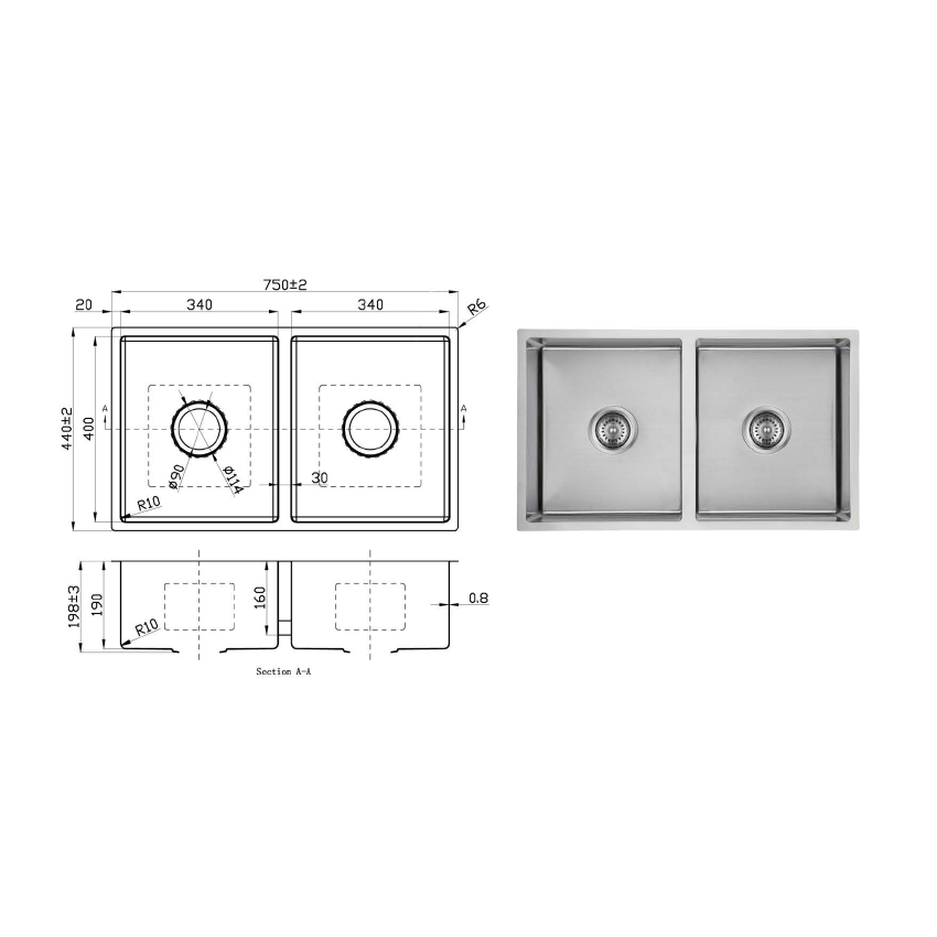 New Cora Above / Undermount Sink 750 x 440 x 200mm