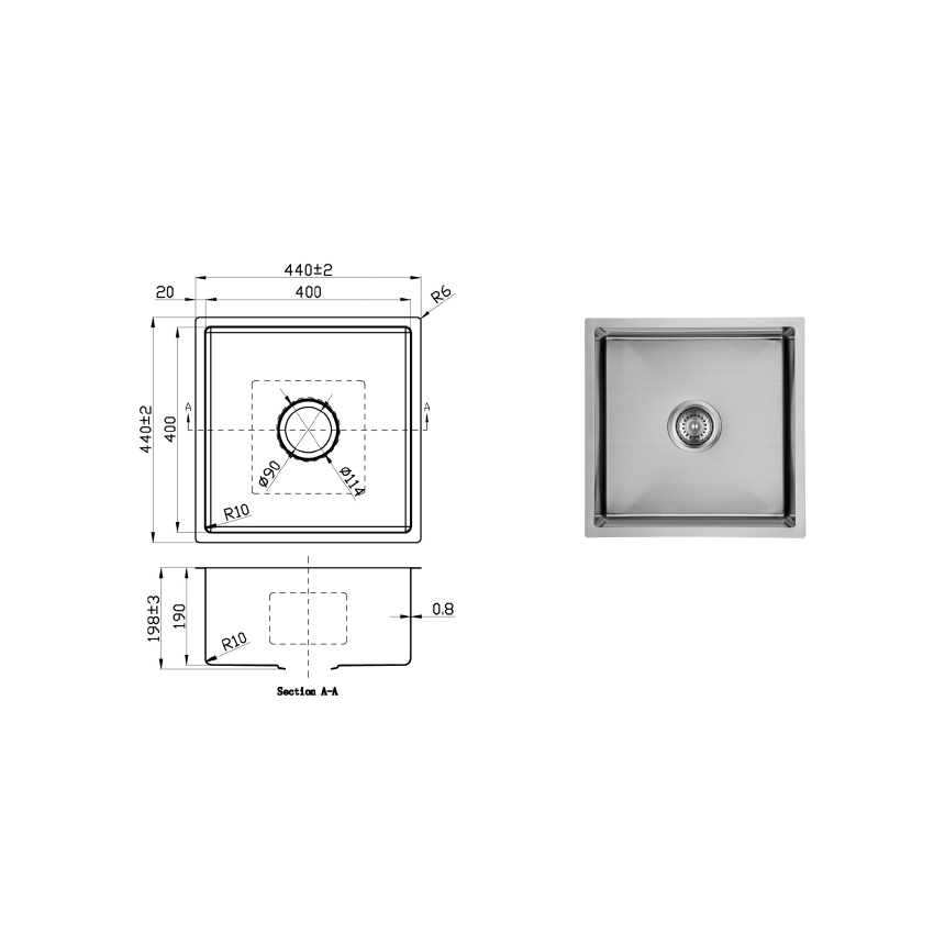 New Cora Above / Undermount Sink 440 x 440 x 200mm