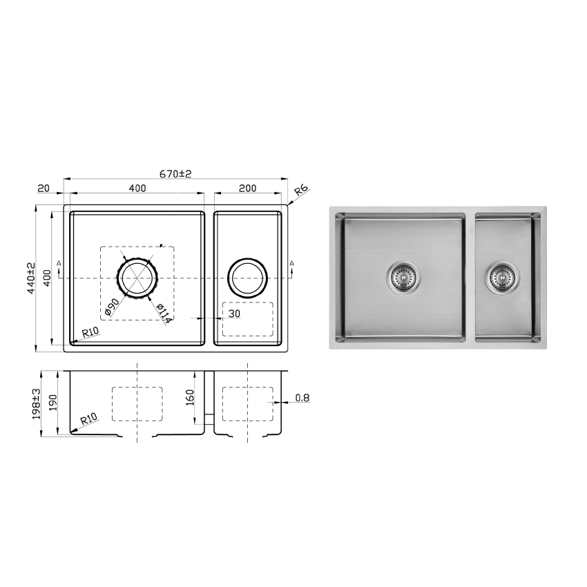 New Cora Above / Undermount Sink 670 x 440 x 200mm