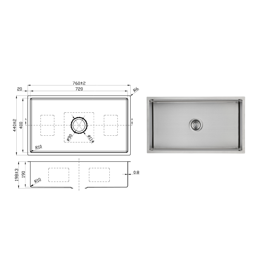 New Cora Above / Undermount Sink 760 x 440 x 200mm
