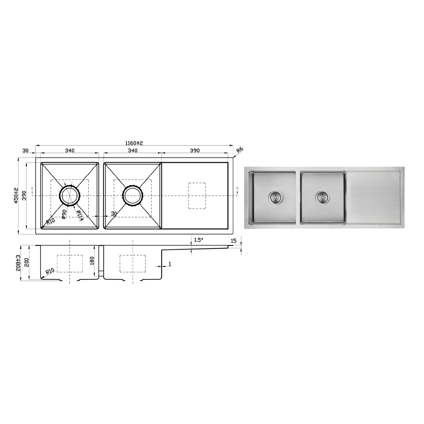 Eden Double Bowl & Single Drainer Sink 1160mm x 450mm x 208mm Stainless Steel