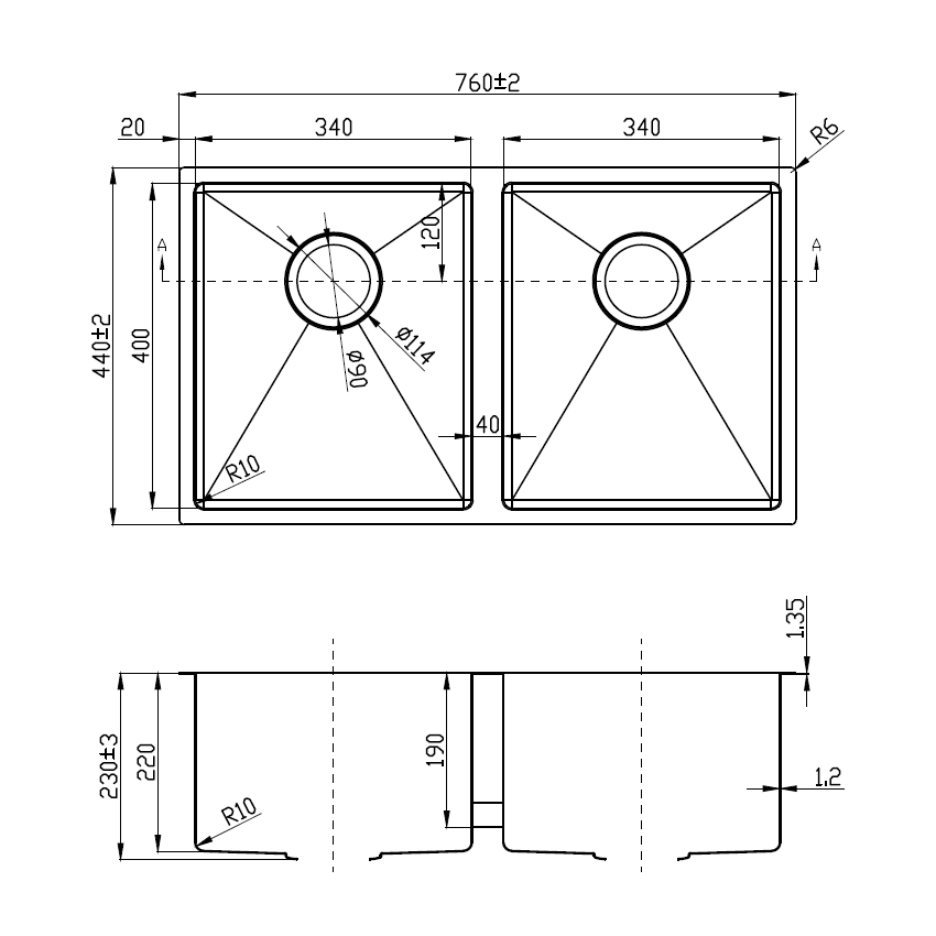 Eden Double Bowl Above/Undermount Sink (R10 Corner),230mm Depth Stainless Steel