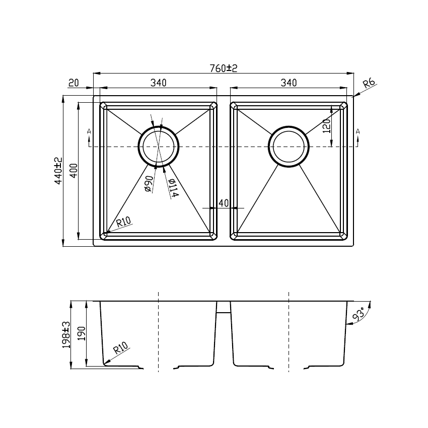 Eden Double Bowl Undermount Sink 720mm  (R10 Corner,93 degree) 304 Stainless Steel 
