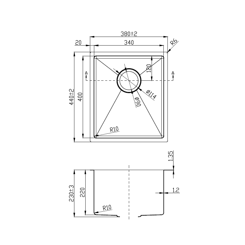 Eden Single Bowl Above/Undermount Sink (R10 Corner),230mm Depth 304 Stainless Steel