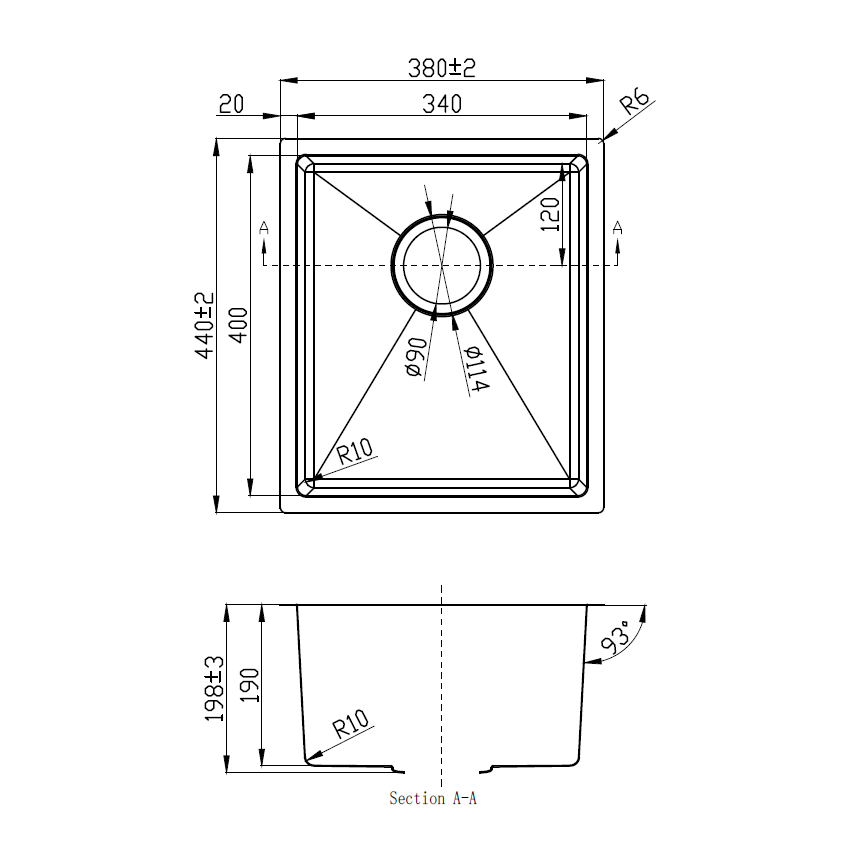 Eden Single Bowl Undermount Sink 340mm (R10 Corner,93 degree) 304 Stainless Steel 