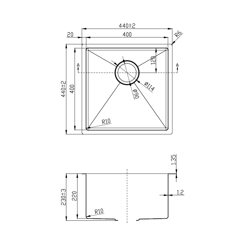 Eden Single Bowl Above/Undermount Sink (R10 Corner),230mm Depth 304 Stainless Steel