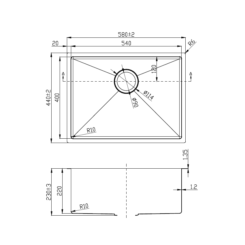 Eden Single Bowl Above/Undermount Sink (R10 Corner),230mm Depth 304 Stainless Steel