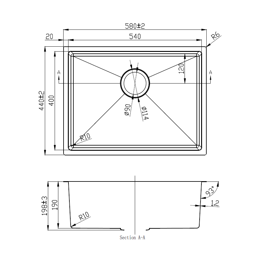 Eden Single Bowl Above/Undermount Sink 540mm (R10 Corner,93 degree) 304 Stainless Steel 