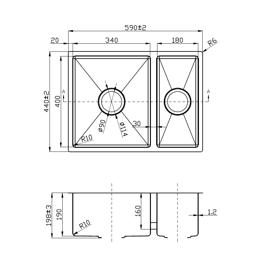 1& 1/2 Bowl Undermount Sink (R10 Corner) 590mm 304 Stainless Steel 