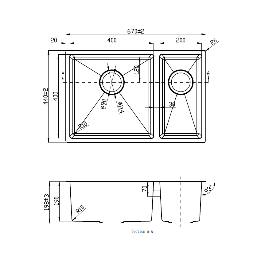 New Cora 1.5 Bowl Undermout Sink 670mm 93 degree 304 Stainless Steel