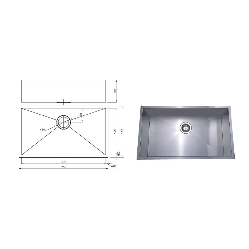 Rosa Above / Undermount 760 x 440 x 200mm