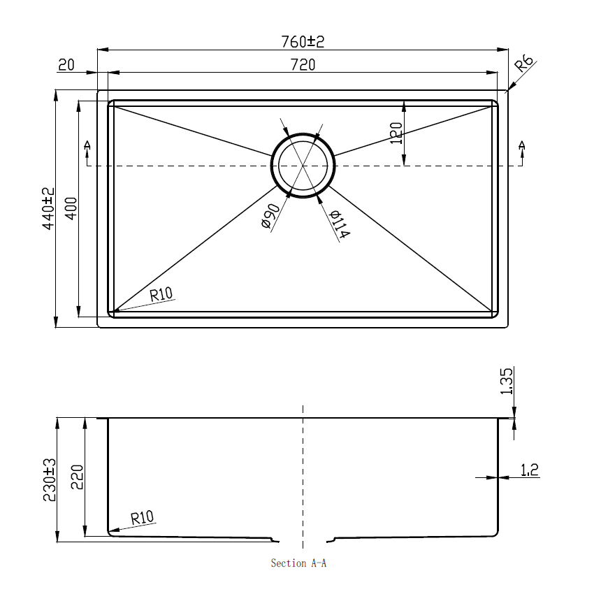 Eden Single Bowl Above/Undermount Sink (R10 Corner),230mm Depth Stainless Steel 