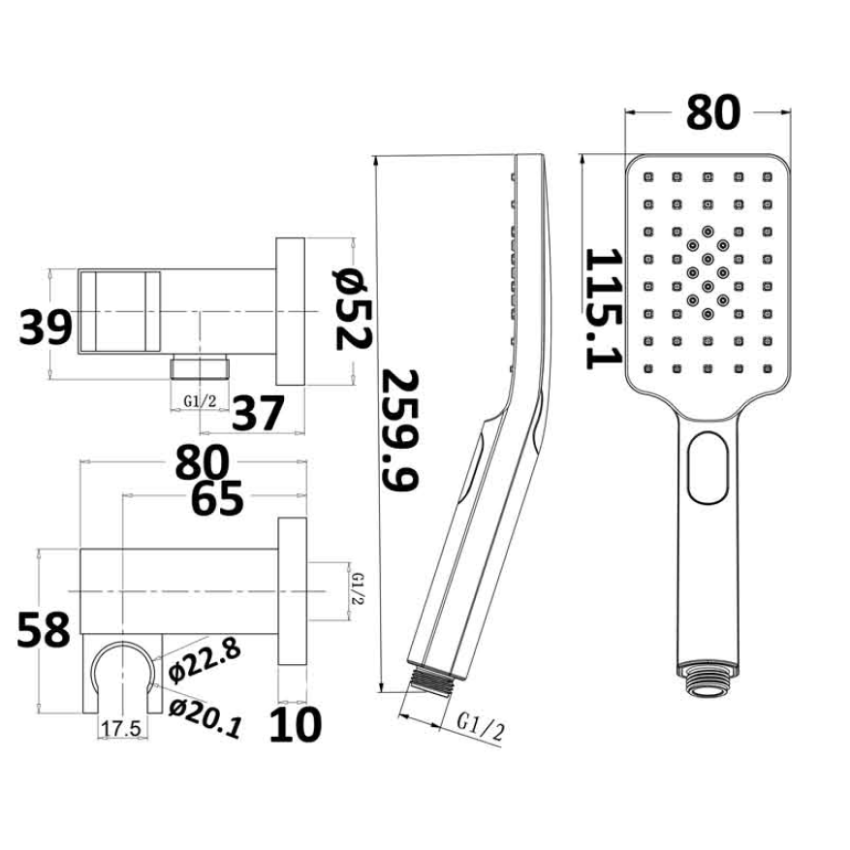 Eden Square Hand Shower On Wall Outlet Bracket Chrome