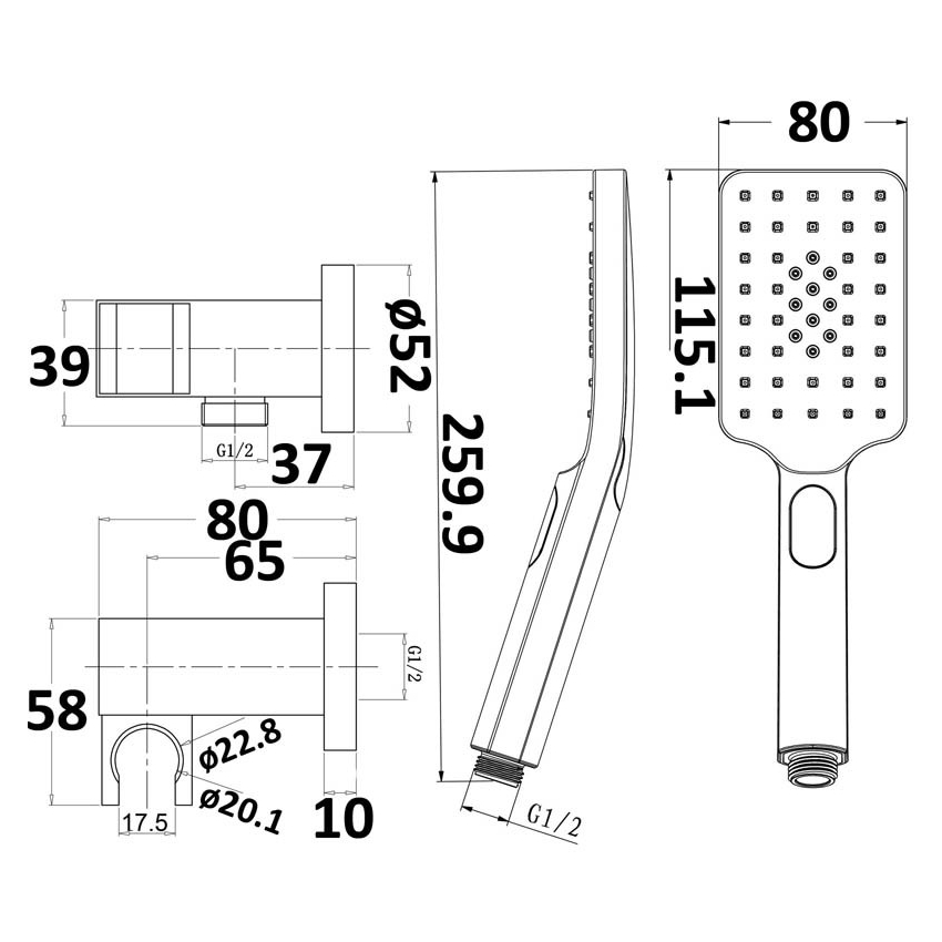 Eden Square Hand Shower On Wall Outlet Bracket Gun Metal
