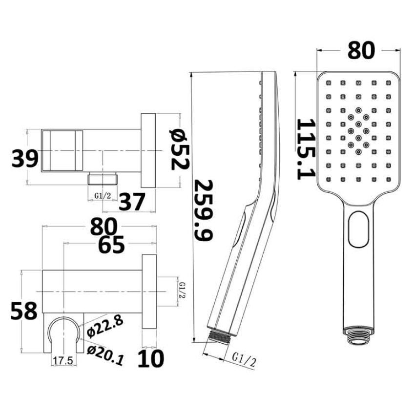 Eden Square Hand Shower On Wall Outlet Bracket Matt Black