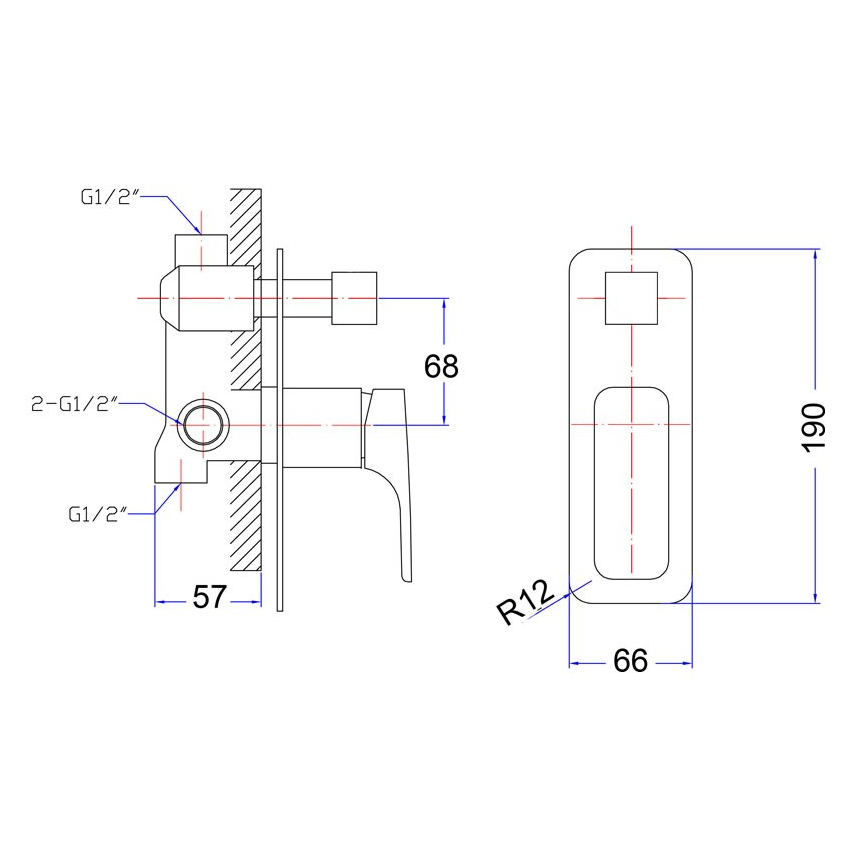 Eden  Round Cornered Rectangle Handle Wall Mixer with  Diverter Brushed Nickel 