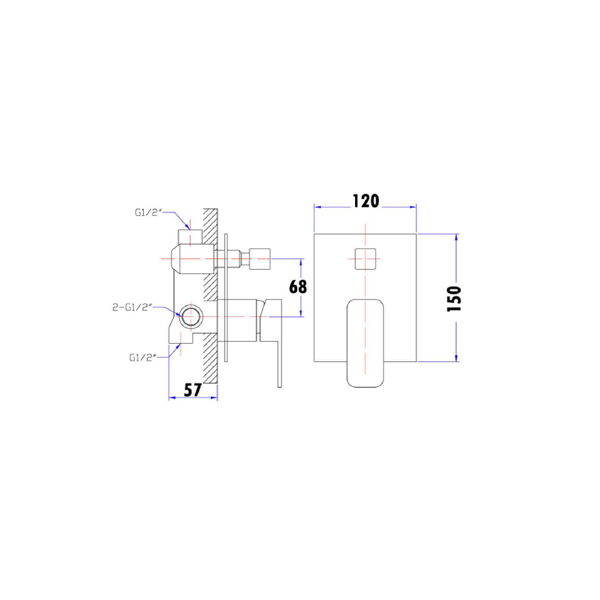 Nova  Round Cornered Rectangle Handle Wall Mixer With Diverter 