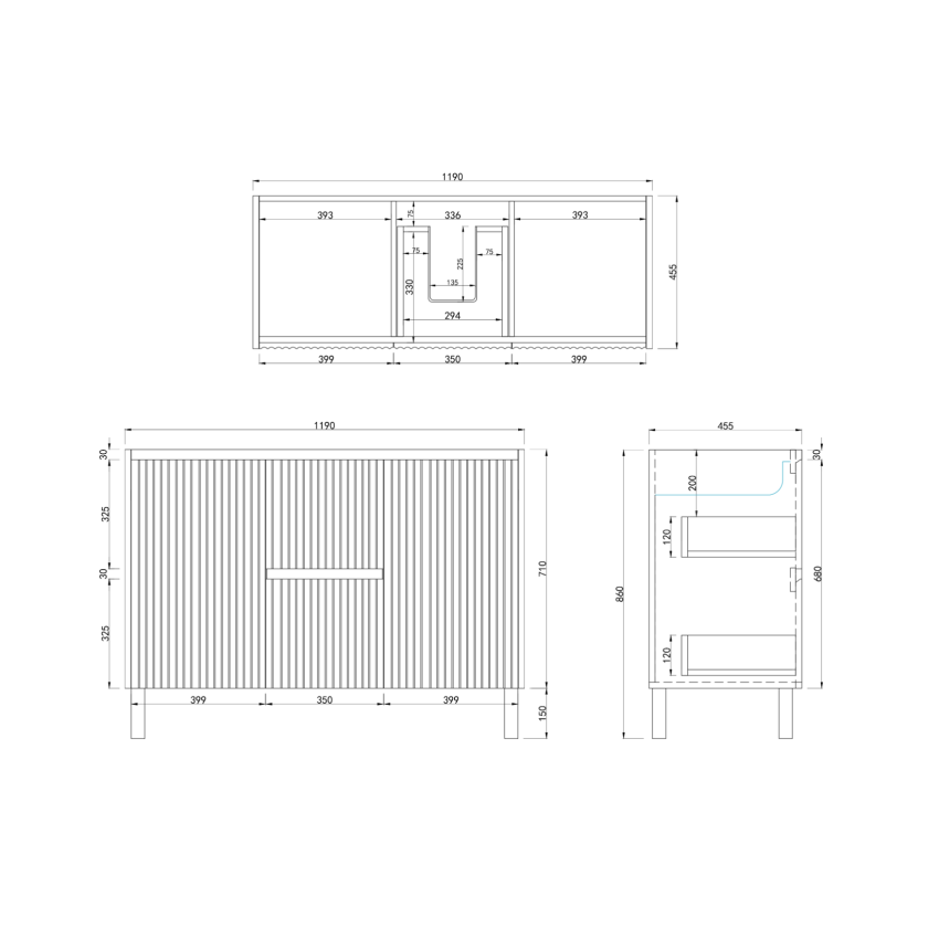 1200mm Brio Matte White 2PAC Coating PVC Freestanding Elegant Wave-Like Fluted Design Bathroom Vanity Cabinet Only
