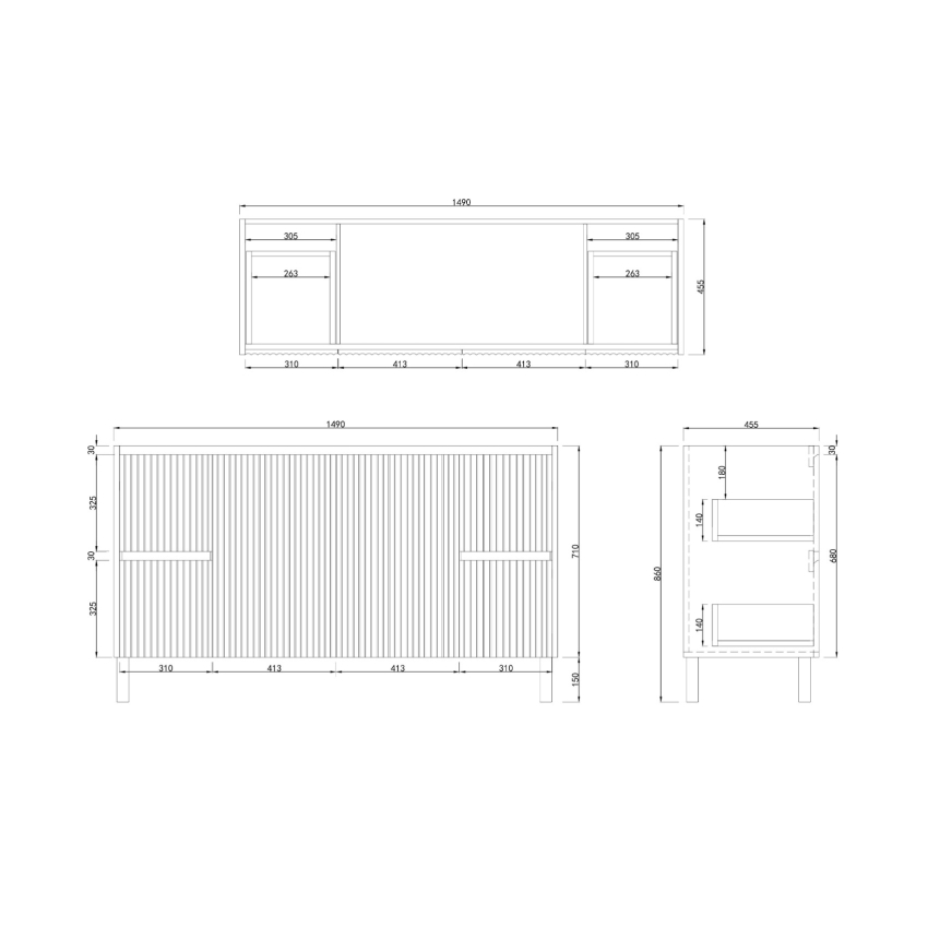1500mm Brio Matte White 2PAC Coating PVC Freestanding Elegant Wave-Like Fluted Design Bathroom Vanity Cabinet Only