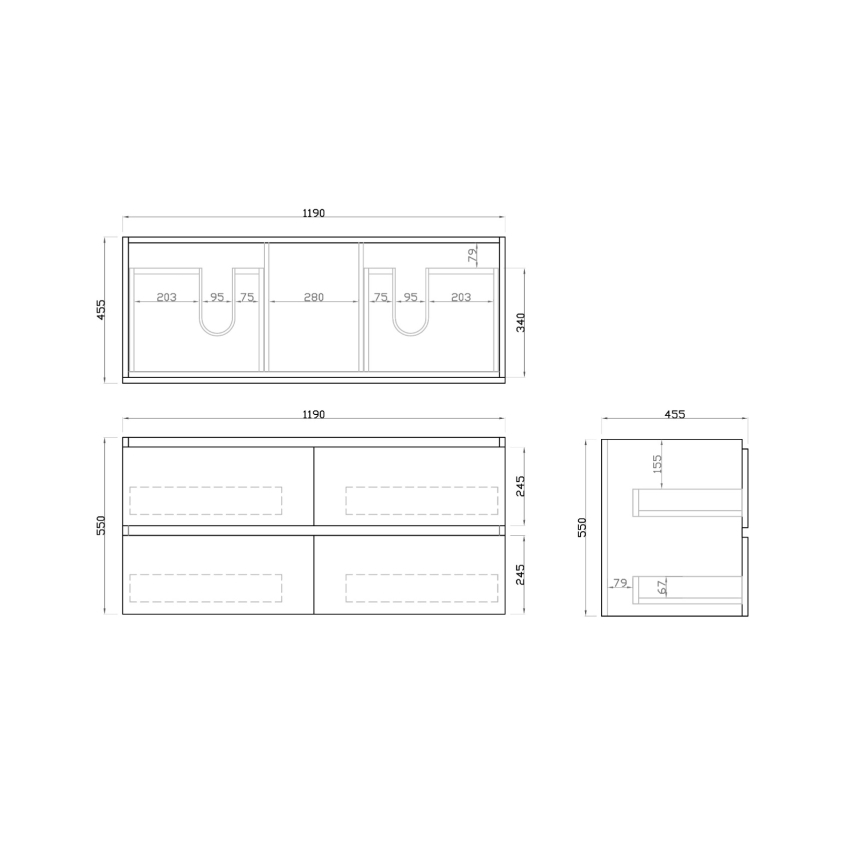 1200mm Dark Oak MDF Bathroom Vanity 4 Drawers Wall Hung Cabinet Only 